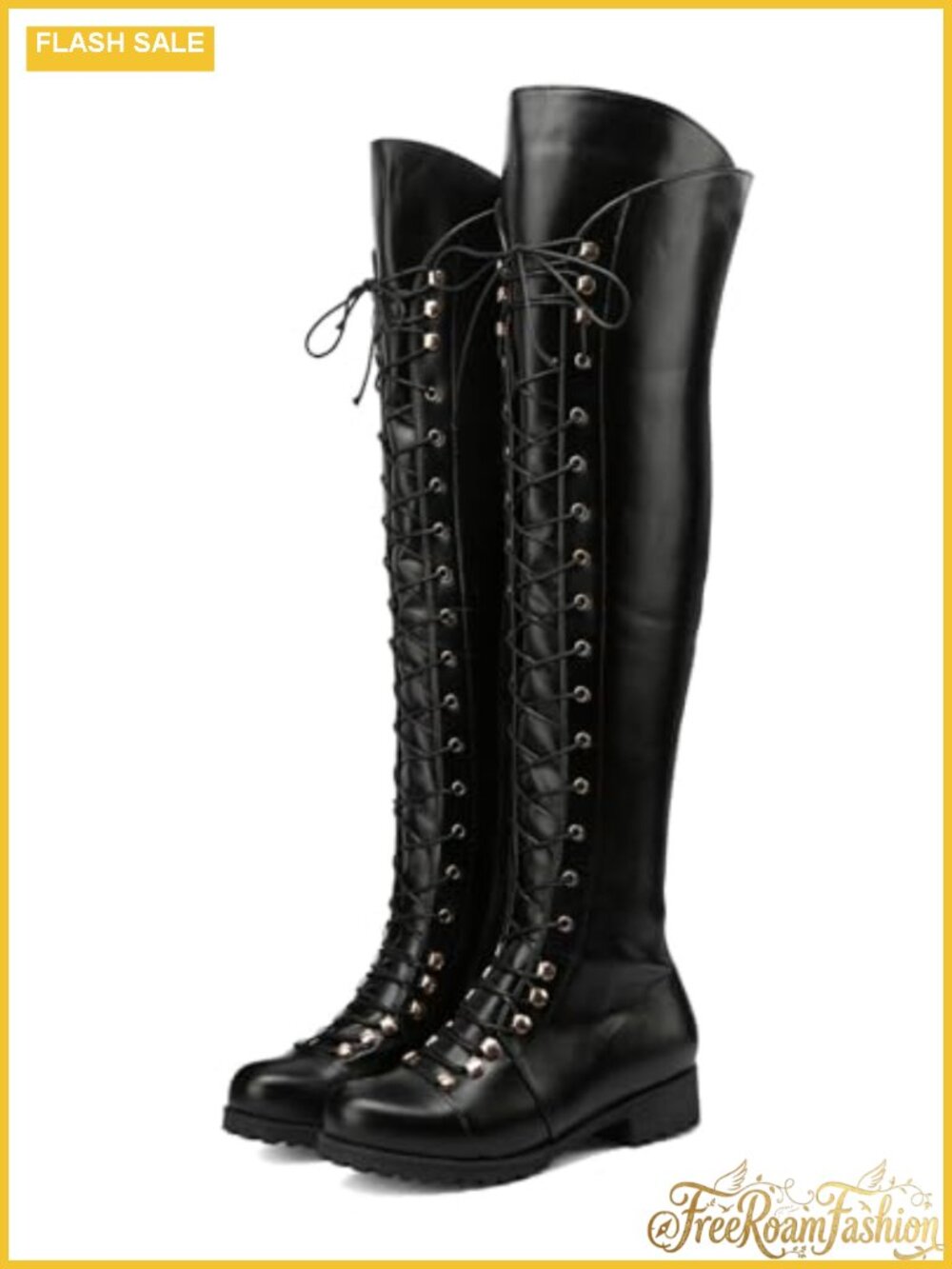 Over The Knee Boots Square Toe Thigh High Faux Leather Side Zipper Lace Up